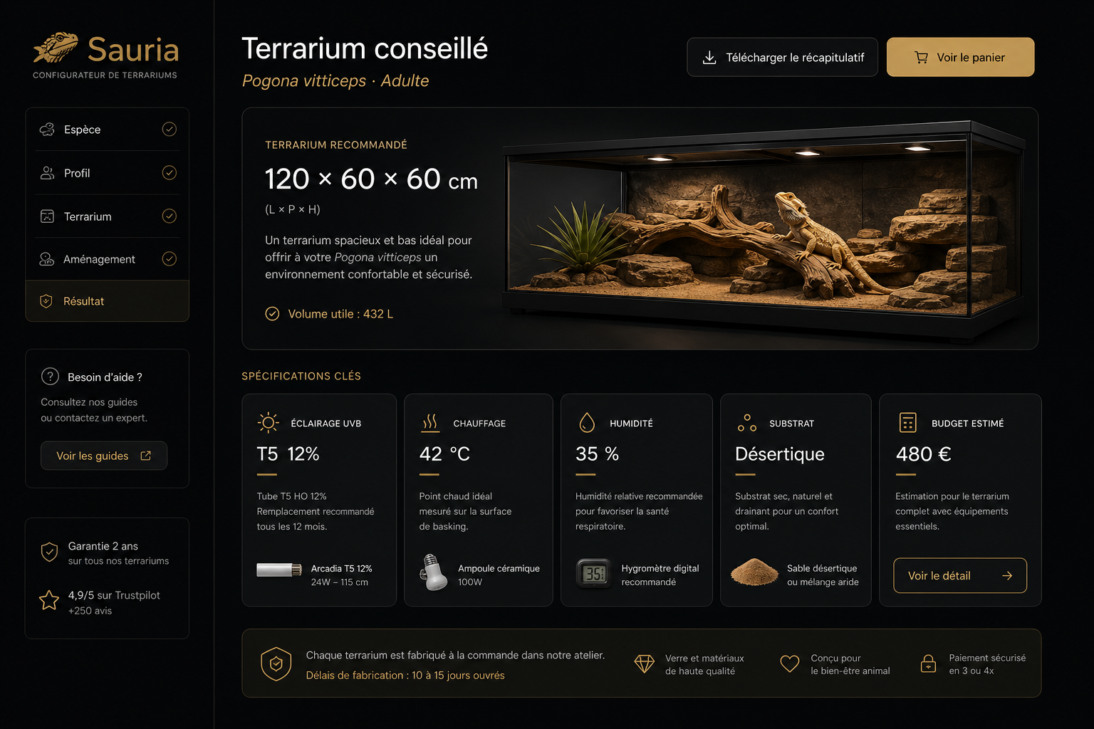 Aperçu du résultat du configurateur Sauria — terrarium conseillé pour Pogona vitticeps