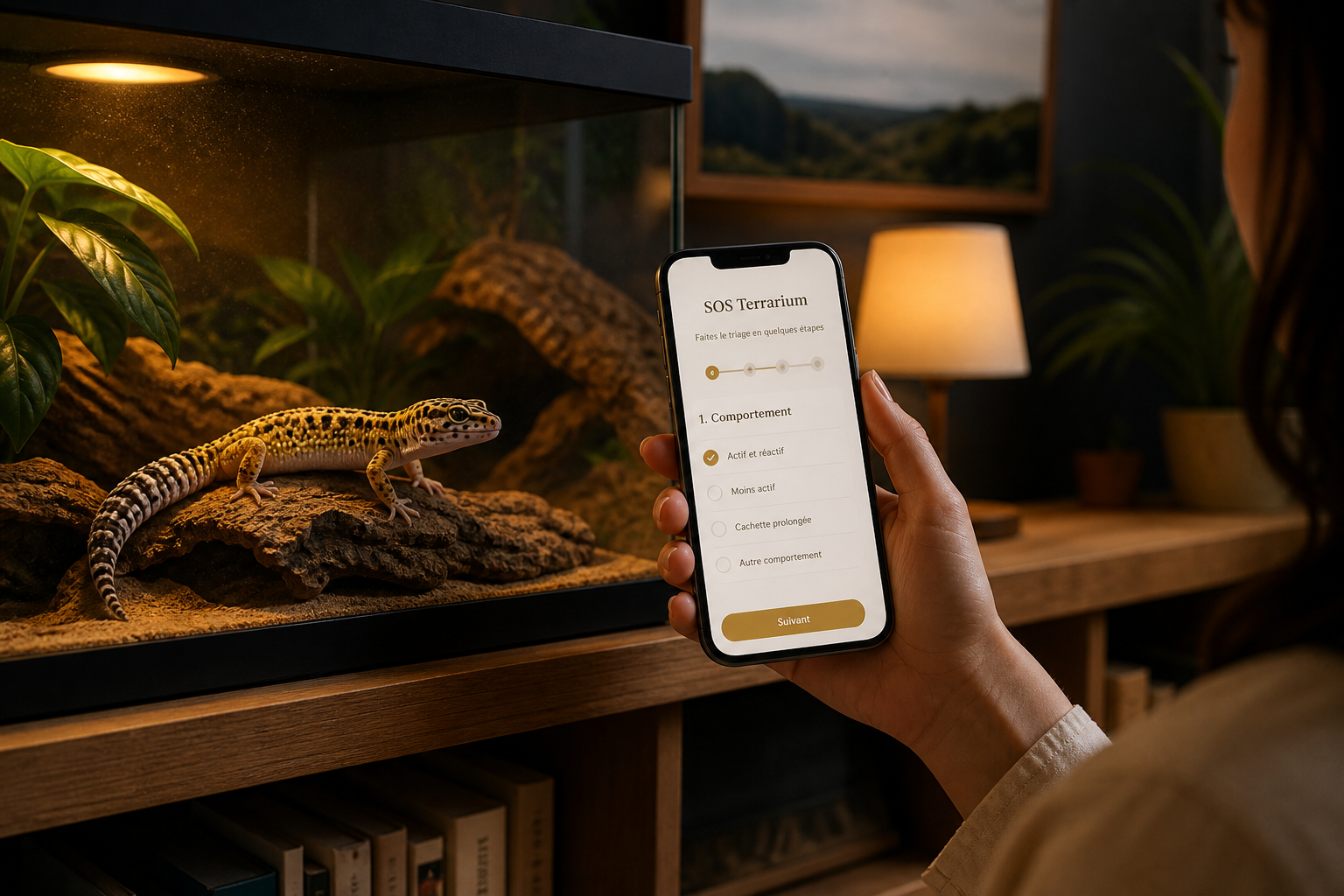 Propriétaire qui observe son reptile dans le terrarium — moment de doute